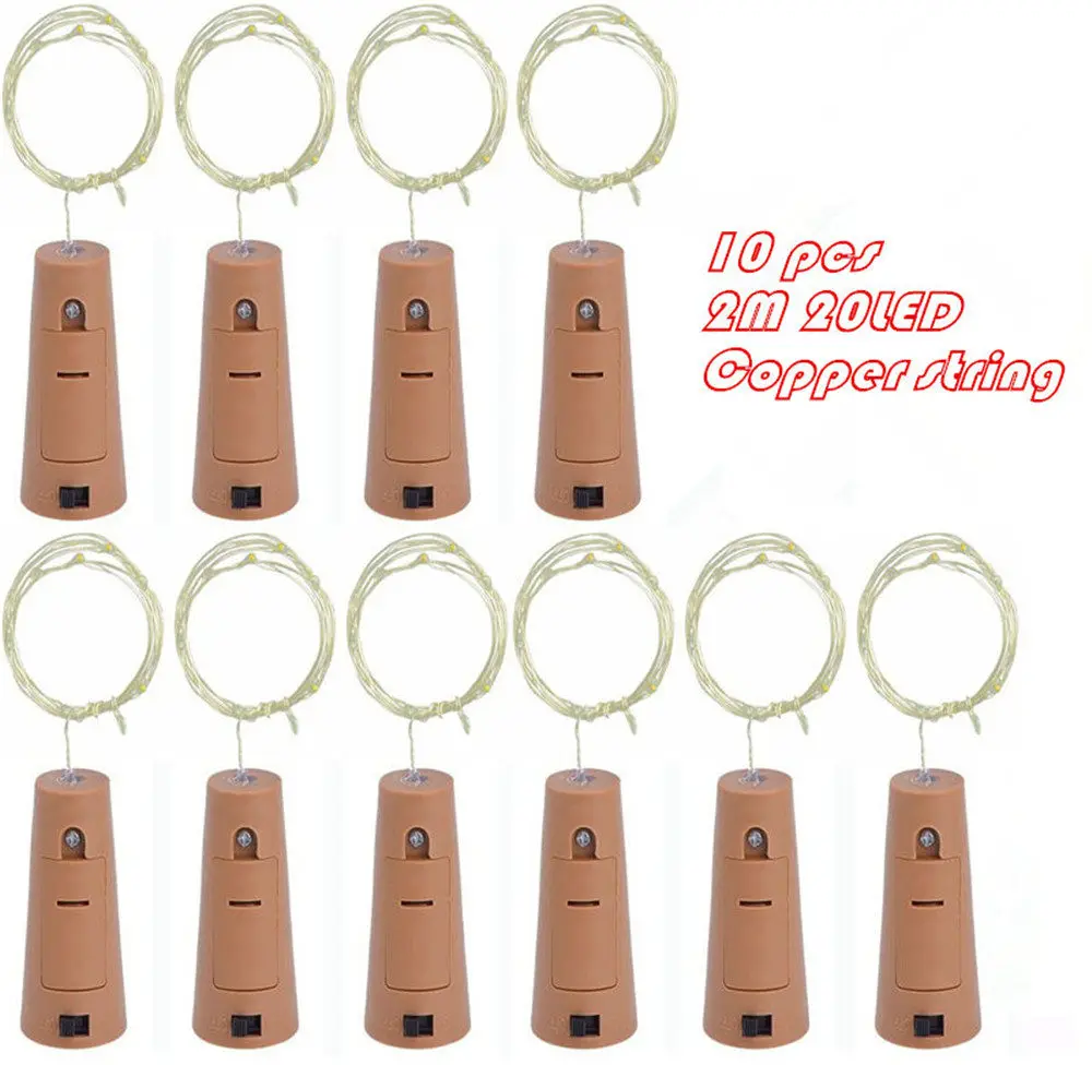 

10pcs/lot Cork Shape Bottle Copper Lights 2M 20Leds Button Battery Operated LED String Light Xmas Wedding party Decoration