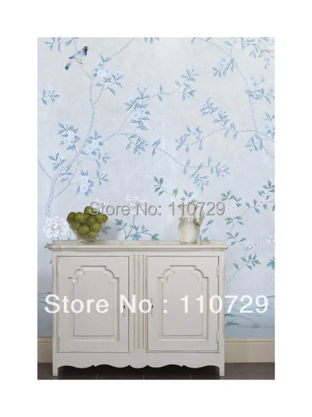 hand painted silk wallpaper painting flowers with birds silk wallcover sticker many pictures optional