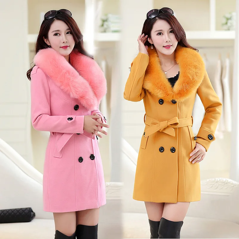 High-quality woolen coat women\'s long section 2018 winter Korean women\'s hair collar woolen coat double-breasted coat DF01