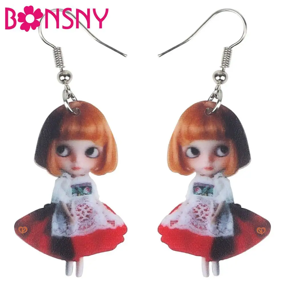 Bonsny Acrylic Japanese Style Blond Girl Earrings Drop Dangle Stud Clip Kawaii Jewelry For Women Teens Lovers Gift Decoration