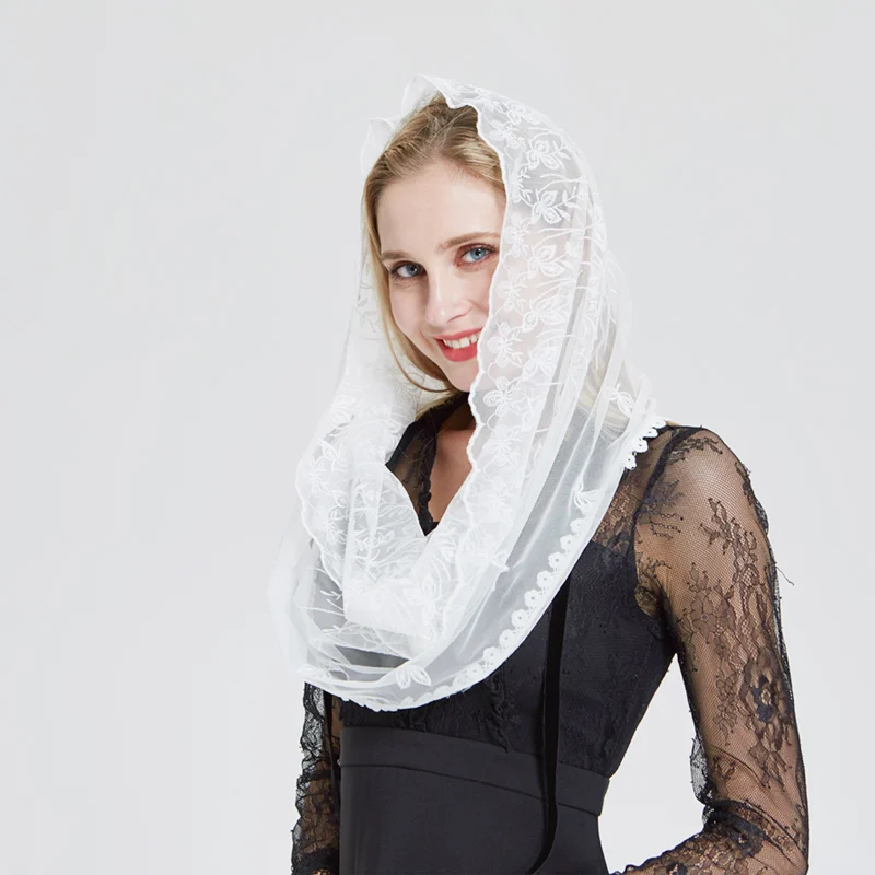 Leo anvi white Lace hijab scarf infinity circle poncho head scarf embroidery hair scarf shawl foulard femme Mantilla Veil