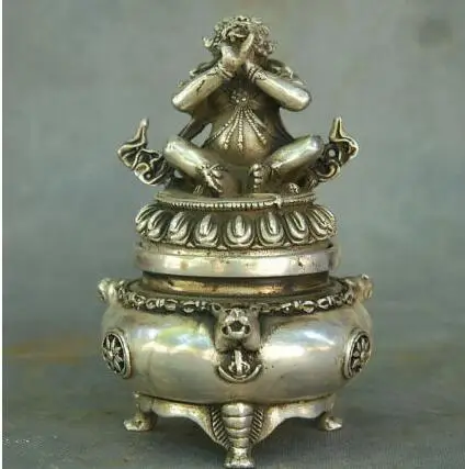 

Free Shipping Tibet Tibetan Silver Bronze Mahakala Buddha Incense Burner Censer