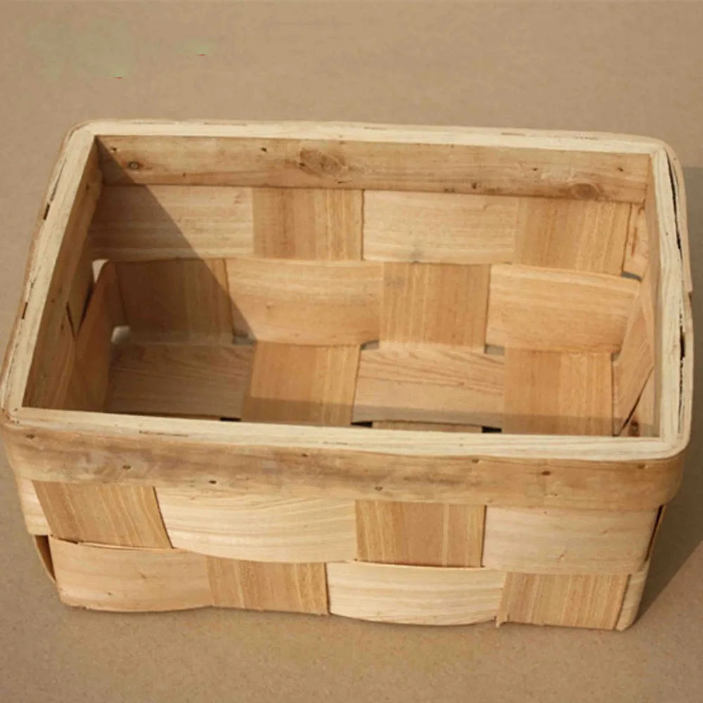 Rustic rattan storage basket wooden box cosmetics storage basket desktop storage box Medium