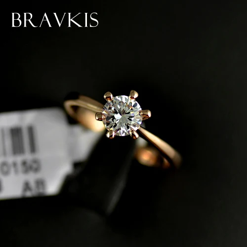 BRAVEKISS Vintage Rose Gold Color Promise Engagement Rings for Women Round CZ Stone Solitaire Ring Wedding Bands Jewel BJR0012A