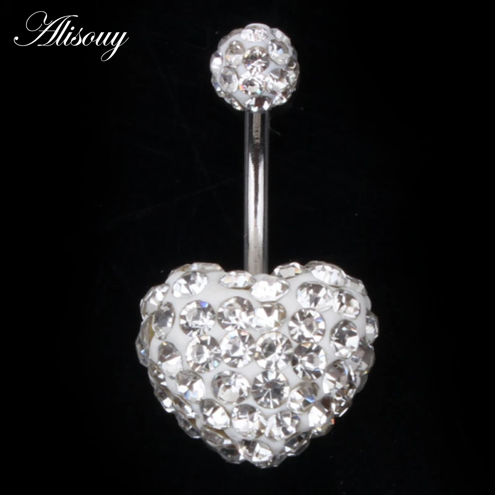 Heart Double Side Belly Piercing Rings Surgical Steel Crystal Disco Ball Belly Button Ring Navel Piercing Body Jewelry