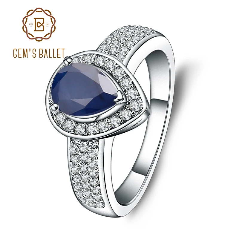 Gem\'s Ballet 1.29Ct Natural Blue Sapphire Water Drop Gemstone Ring Real 925 Sterling Silver Vintage Ring  For WomenFine Jewelry