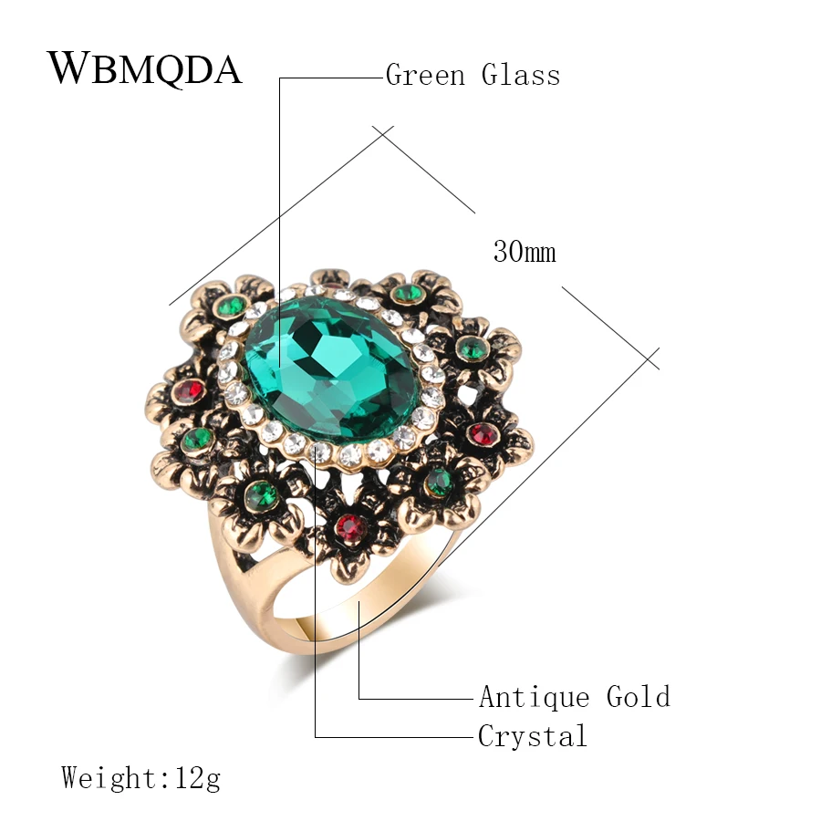 Wbmqda Luxury Green Crystal Flower Rings For Women Antique Gold Color Vintage Wedding Ring Boho Jewelry Wholesale