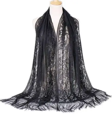 Elegant Women Cotton Polyester Floral Lace Scarf Shawl Tassels Party Wedding Lace Veil India Arab Muslim Hijabs Scarves