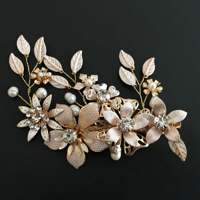 

SLBRIDAL Golden Wired Crystal Rhinestone Freshwater Pearls Flower Wedding Hair Clip Barrettes Bridal Headpieces Hair Accessories
