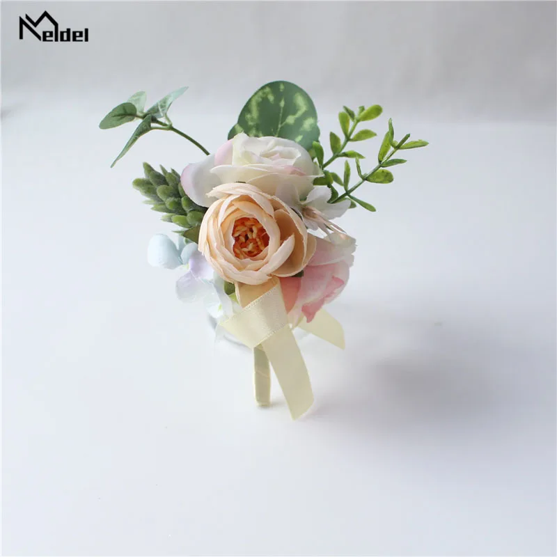 Meldel-ramillete de novio para hombre, alfiler nupcial, ramillete de muñeca azul champán, pulsera de dama de honor, accesorios de flores rosas para boda