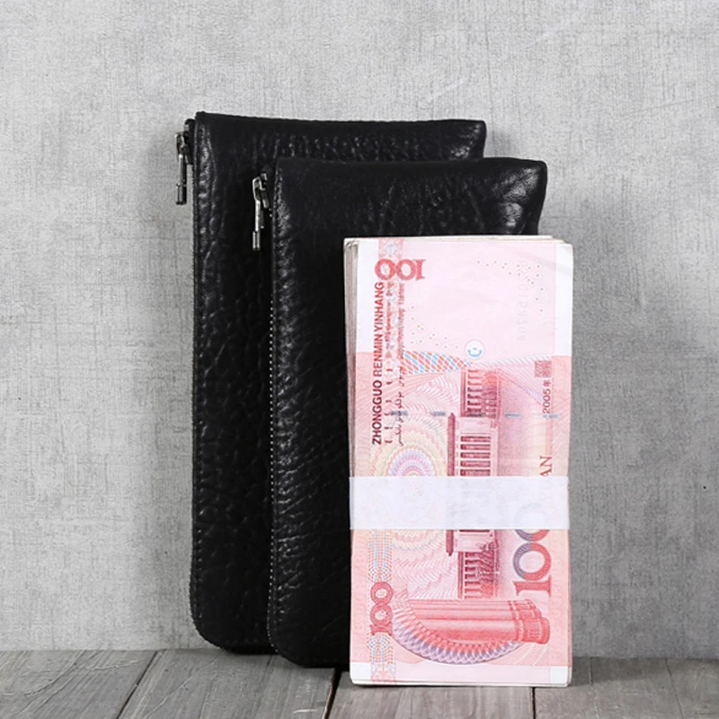 Zipper Long Wallet Men Genuine Leather Luxury Handmade Sheepskin Ladies Casual Cell Phone Purses Simple Big Capacity Clutch Bag