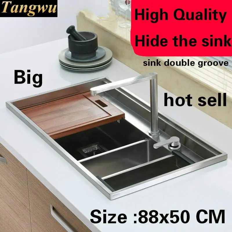 Free shipping Apartment kitchen manual sink double groove luxury hide wash vegetable big durable 304 stainless steel 880x500 MM