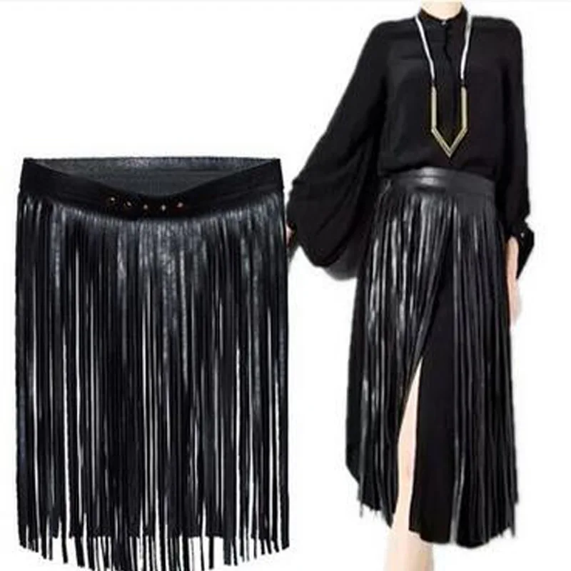 BIVIGAOS Womens PU Leather Girdle Long Skirt Tassel Belt Skirts Female Wild Gypsy Style Skirts Adjustable Faldas Largas Saias