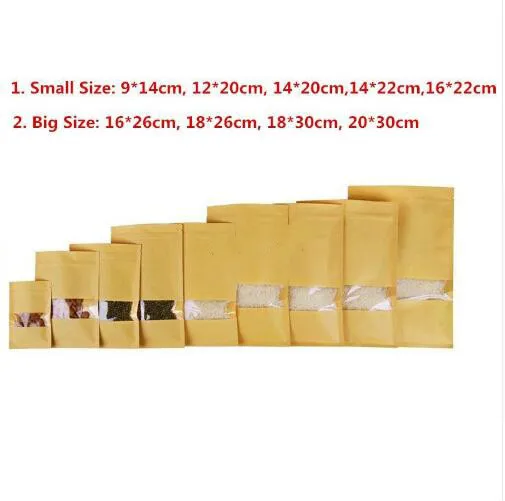 100Pcs Zipper Top Flat Pouch Kraft Paper Bag With Clear Window For Dried Food Nuts Candy Packaging Party Gift Bags