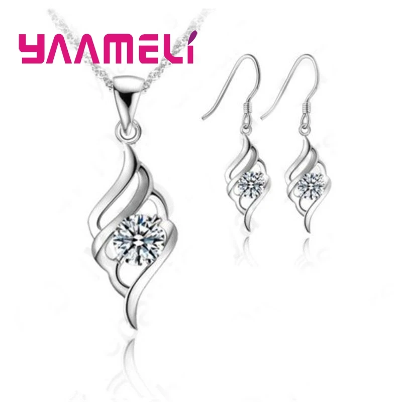 Simple Generous Style Wave Shape Embellished With Crystal Sparkles For Women 925 Sterling Silver  Necklace Earrings Set