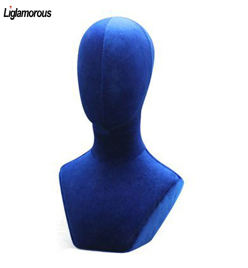 New Female Abstract Mannequin Head Display Hats Wig Scarves Headscarves Necklace Insertable Needle Foam Cloth Velvet Fabric Blue