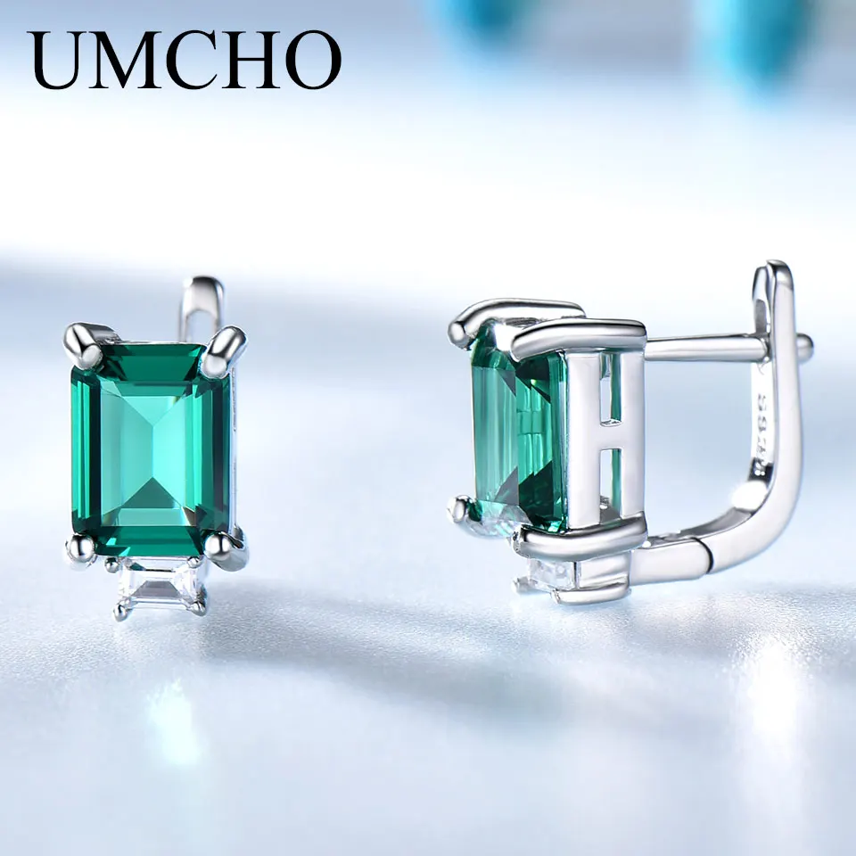 

UMCHO Solid Genuine 925 Sterling Silver Earrings Gemstone Created Emerald Clip Earrings For Female Wedding Gifts Fine Jewelry