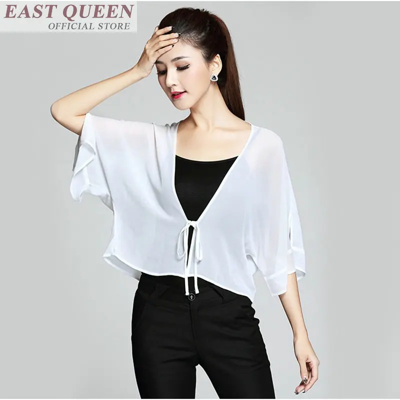 Feminine shirts chiffon half batwing sleeve loose casual blouses solid halter spliced tops women work wear shirts DD708 L