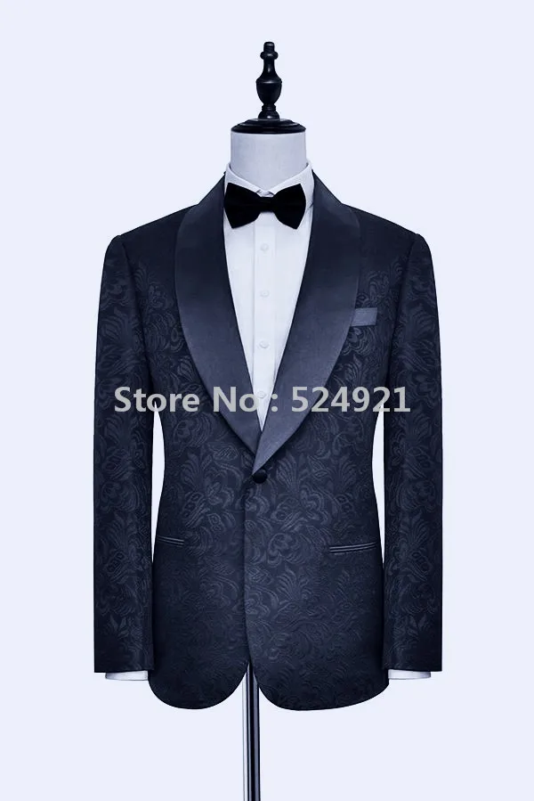 

New Groomsmen Navy Blue Pattern Groom Tuxedos Shawl Lapel Men Suits Side Vent Wedding/Prom Best Man ( Jacket+Pants+Tie ) C280