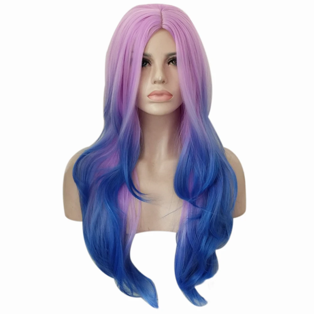 65cm Middle Part Long Wavy Purple Blue Ombre Wig Cosplay Costume Synthetic Hair Halloween Costume Party Wigs For Women + Wig Cap