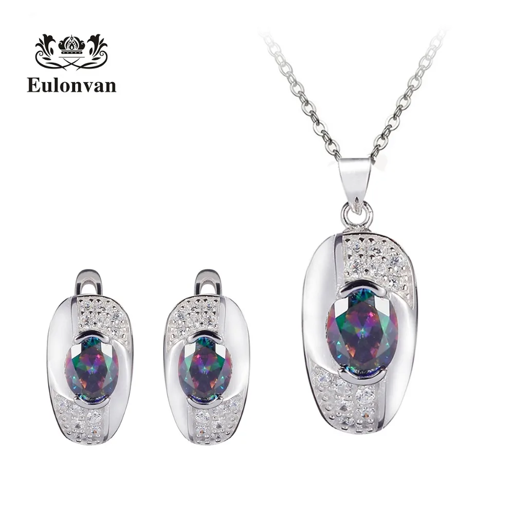 Eulonvan 925 Sterling Silver Fashion Women Jewelry Sets For Female Accessories With Rainbow Mystic Necklace And Earrings S3719