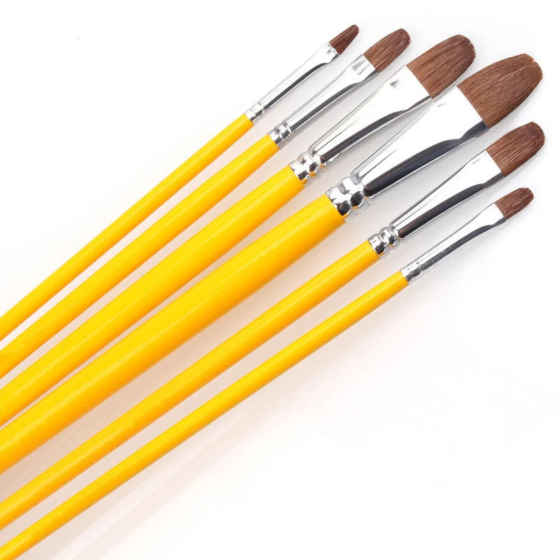 6 pieces Set yellow Wooden pole art brush of horse hair watercolor acrylic brushes for oil painting drawing art book Supplie