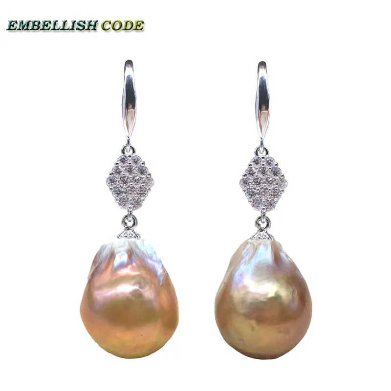 

big size baroque pearl flame ball style hook earring purple gold color natural pearls with zircon 925 Sterling silver for lady