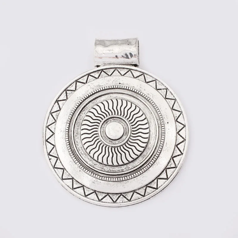 1pcs Tibetan Silver Large Bohemia Boho Medallion Carved Wave Round Charm Pendant For DIY Necklace Making Findings 63.5x77mm