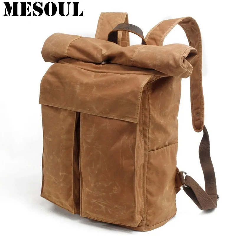 

Men Large Capacity Travel Backpack Bag Waterproof Oil Wax Canvas Laptop Backpack Vintage College Style Casual Youth School Bags