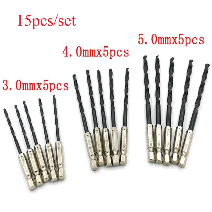 15 pçs/set 3/4/5mm 1/4 "hexagonal lidar com aço de alta velocidade nitriding torção broca para metal, madeira, ferramenta de perfuração de plástico