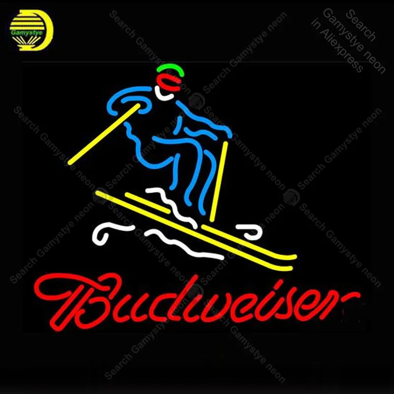 

Неоновая вывеска Budweise Skier, стеклянная трубка, лампочки, знаки для пивного клуба, знаки для пивного паба, комнаты, украшение магазина, вывеска ручной работы