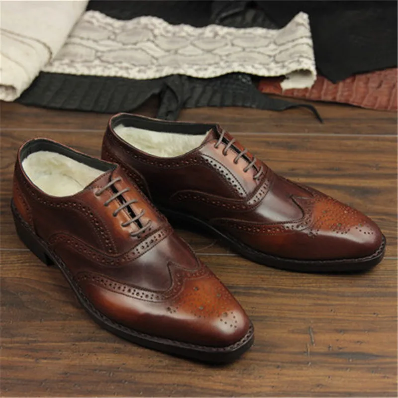 MALONEDA Bespoke Winter Keep Warm Genuine Leather Shoes Handmade Goodyear Lace-up Oxfords Brogue Shoes Wear In Cold Weather