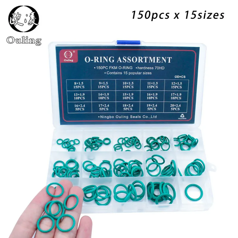 

150pcs Green FKM O Rings Rubber Kit 15Sizes O ring Seal Rubber Sealing O-rings Washer Gasket O-Ring Set Assortment Set Kit Box