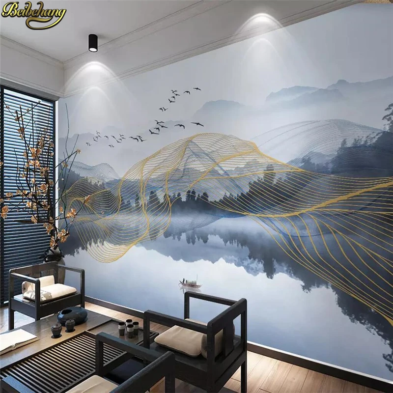 beibehang custom Abstract golden lines artistic 3D Mural Wallpaper Roll landscape water reflection photo Wall Pape TV background