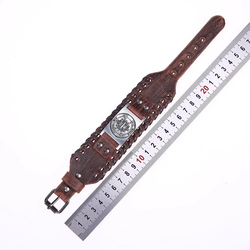 LIKGREAT Vintage Solomon Star of David Hexagram Charm Bracelets Men Wide Leather Bracelet Vintage Tantrism Amulet Jewelry Gifts