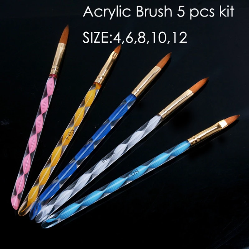 5Pcs Nail Art Sable Borstel Met Cuticle Pusher Uv Gel Builder Schilderij Tekening Borstels Acryl Poeder Carving Pen Manicure tool