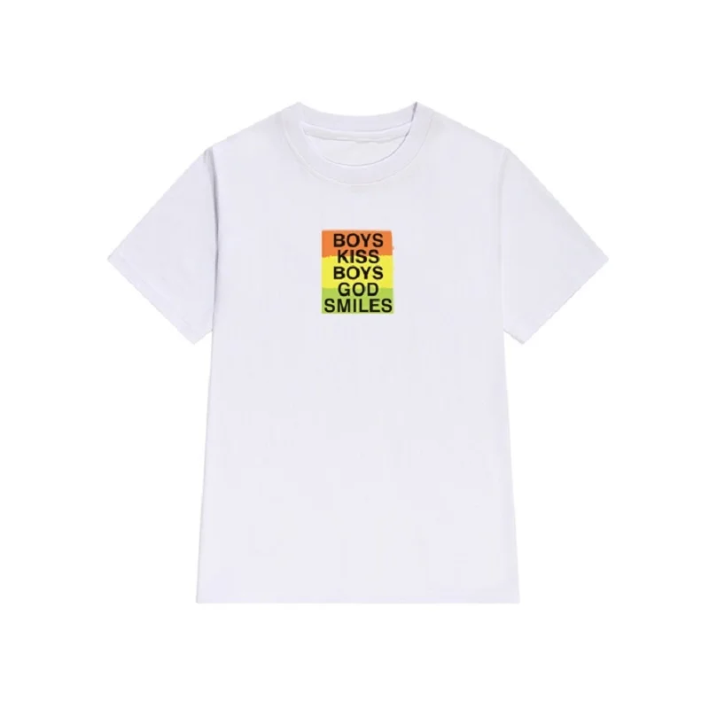 hahayule 1pcs Cool Harajuku Tee Boys Kiss Boys God Smiles Letter Print Women T-Shirt Rainbow Pattern Loose Tumblr Top Tee image 3