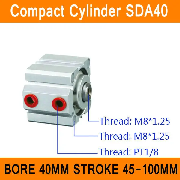 SDA40 Cylinder Compact SDA Series Bore 40mm Stroke 45-100mm Compact Air Cylinders Dual Action Air Pneumatic Cylinders ISO