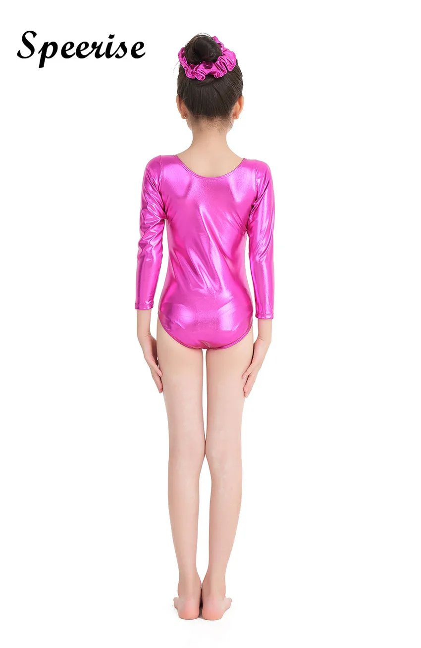 Speerise Meisjes Glanzend Metallic Lange Mouw Maillots Kinderen Ronde Hals Turnpakje Gymnastiek Spandex Bodysuit Ballet Dans Kostuums