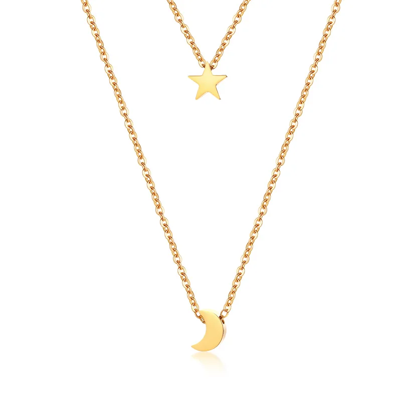 Star Moon Charm Layered Choker for Women Gold Color Stainless Steel Doule Layer Necklace Elegant Party Jewelry