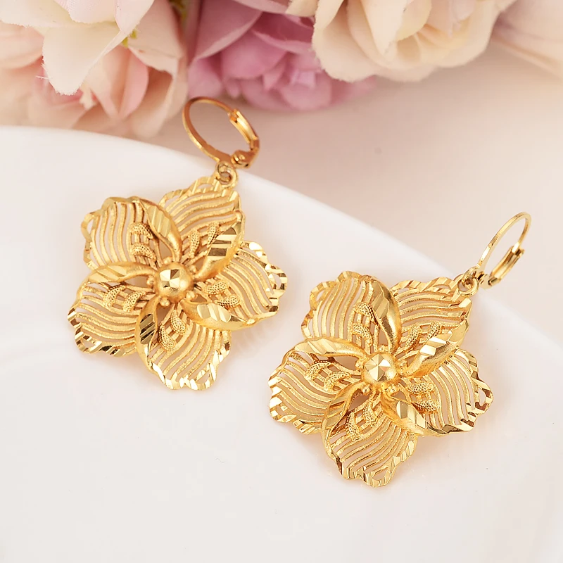 Ethiopian Beautiful Gold Color Big Flower Jewelry Set for Women Pendant Chain Earrings African Bride Wedding Bijoux Gift