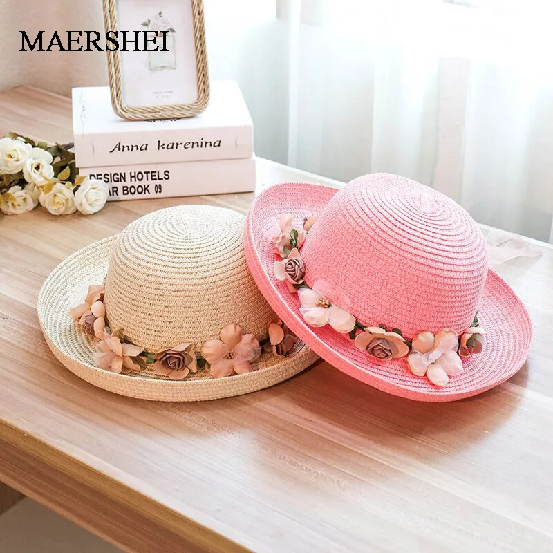 MAERSHEI Summer Straw Hat Handmade Flower Women's Garland Sunbonnet Bucket Hat Roll-up Hem Beach Cap Sun Hat For Girls