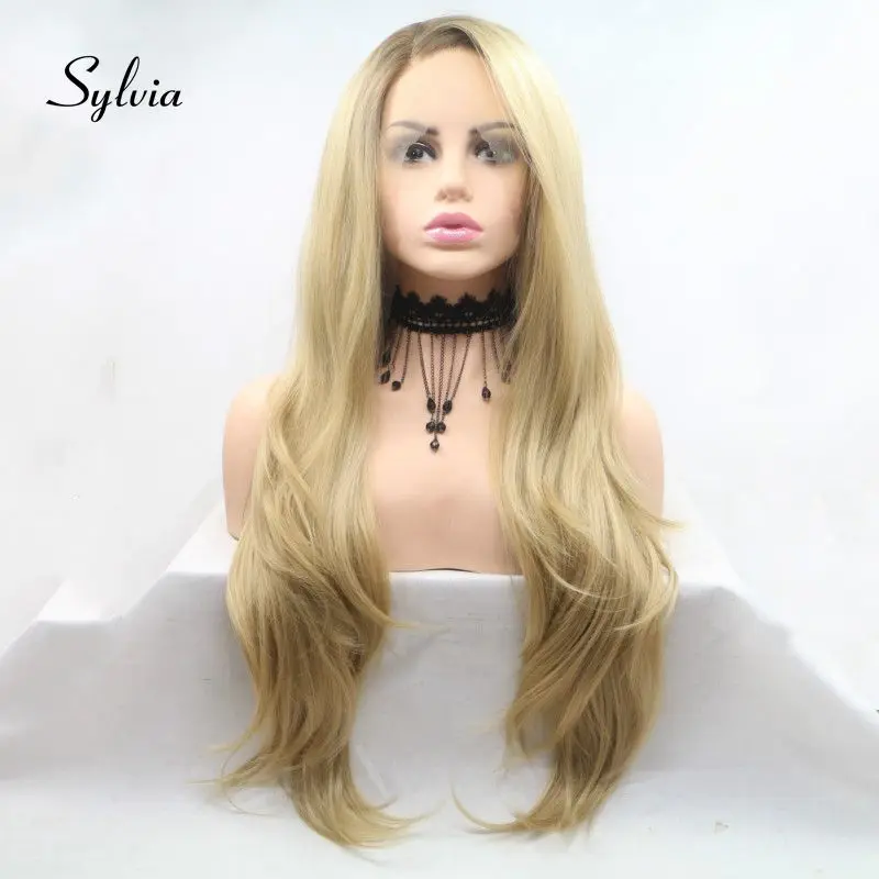 Sylvia Ombre Blonde Wigs Brown Synthetic Lace Front Wigs For Women Side Parting Natural Wave Hair Heat Resistant Fiber Hair Wigs