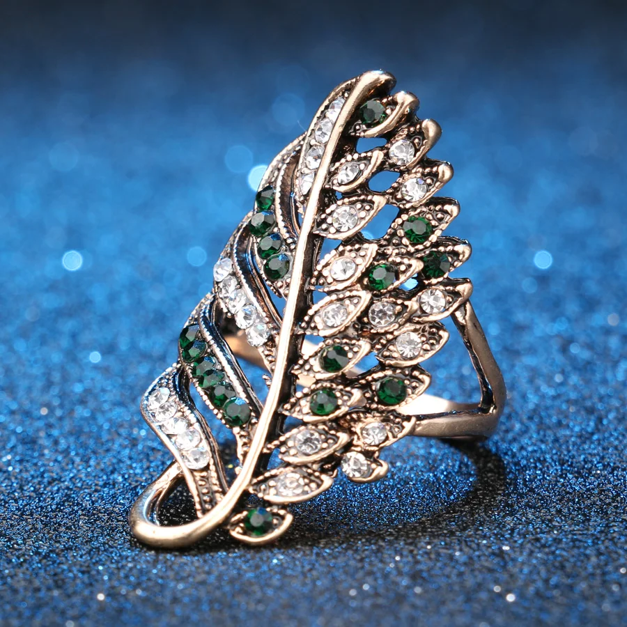 Fashion Big Green Crystal Rings For Women Vintage Antique Gold Hollow Leaf Feather Ring Bohemian Jewelry Gift