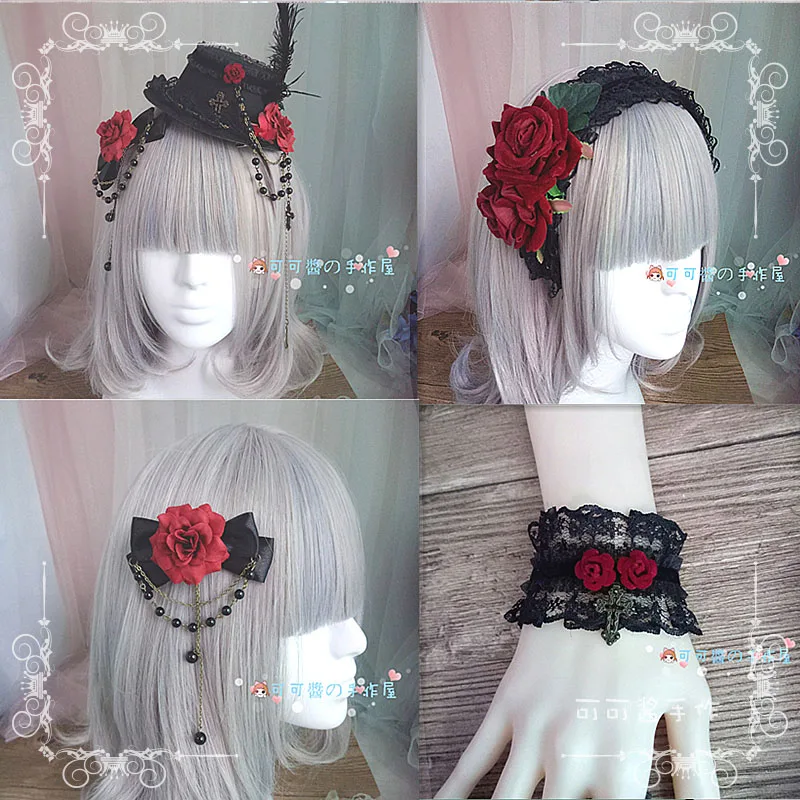 Lolita dark gothic hand cuff hair band lolita hard sister headpiece wine rose-kissed man hat