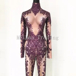 Hot Fashion Sexy Purple Bodysuit Rhinestones Jumpsuits Nightclub Dance Wear Long Sleeve Bodysuit Costume Female Party Wear