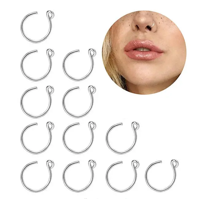 

Lot50pcs Clip On Fake Nose Lip 20G Hoop Rings Labret Nose Rings Surgical Steel No Hole Non Piercing Body Jewelry Free shipment