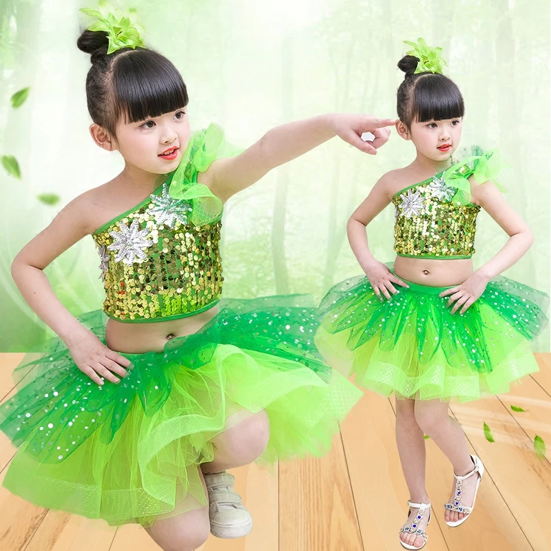 Children green Jazz Hip Hop Dance Dress Sequins Kids Latin Modern Dance Catwalk Costumes Stage Performance Ballroom Dancewear