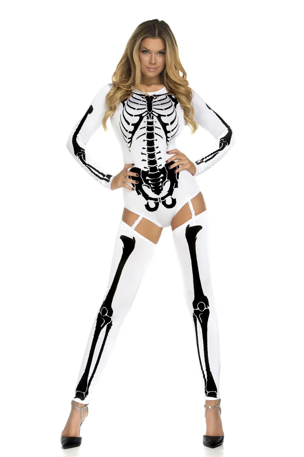 Female Human Bone Costume Scary Halloween Costumes For Women Skeleton Skull Bodysuit+Socks