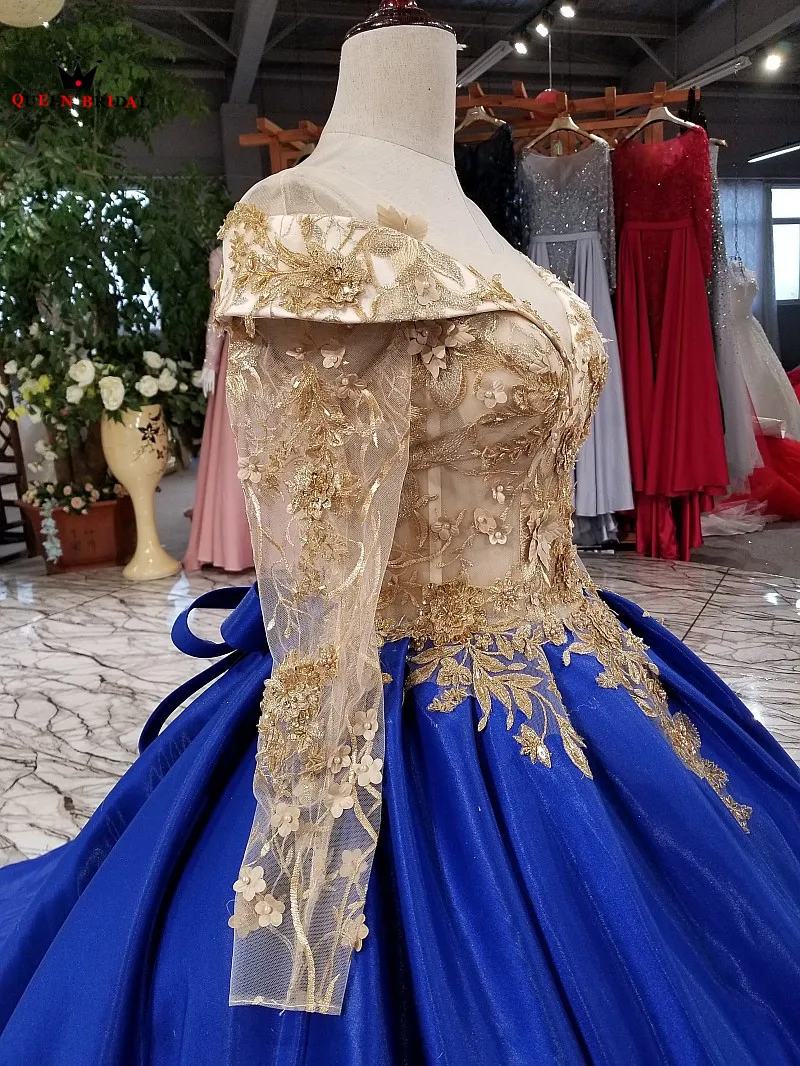 Vestido De noche azul Real De lujo con Apliques De encaje y cuentas, manga larga, 100%, 2021